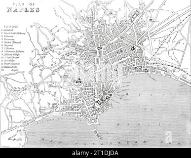 Plan de Naples, 1860. Naples est construite à la base et sur les pentes d'une série de collines qui ont la forme générale d'un amphithéâtre. Cette aire de répartition est divisée en deux croissants naturels par une crête transversale portant dans ses différentes parties les noms de Capodimonte, St. Elmo, et Pizzofalcone, et se terminant au sud dans le petit promontoire sur lequel se dresse le Castel dell'Ovo. Le croissant qui se trouve à l'est de cette crête comprend la partie la plus grande et la plus ancienne de la ville, s'étendant des flancs de Capodimonte et Saint Elmo à la Sebeto, et y compris dans son circuit le Banque D'Images