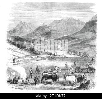 La Révolution en Sicile - "notre premier bivouac au lever du soleil, près de Villafrati" - d'après un croquis de notre artiste spécial, 1860. 'La colonne du général Turr... quitta Palerme... vers la fin du mois dernier, sa destination supposée étant Syracuse... la colonne s'arrêta [à Villafrati] jusqu'au 26, en raison de la maladie du général Turr... la rareté des villages dans cette partie centrale fait la marche d'une colonne au milieu de l'été, sans tentes, et dans un pays presque dépourvu d'arbres, sauf dans le voisinage immédiat des villages, une question de grave difficulté. Aucun mouvement n'est praticable exce Banque D'Images