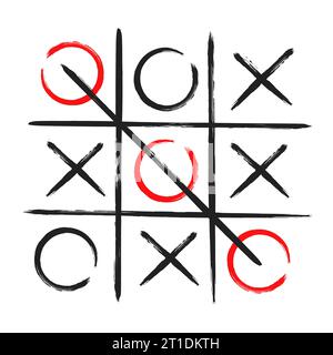 TIC tac toe xo jeu dessin à la main grille grille modèle illustration vectorielle isolée sur fond blanc. Symboles de jeu grunge line TIC tac toe. Illustration de Vecteur