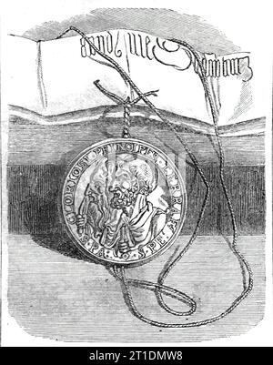 La bulle d'or de Clément VII Confirmant Henry VIII Dans le titre de défenseur de la foi, 1860. "Le titre... qui fait partie du style royal des souverains britanniques, a été accordé à l'origine à Henri VIII En 1521, par le pape Léon X., dans le nouveau récit de la célèbre "Défense des sept sacrements" de ce monarque contre Martin Luther... la confirmation apostolique du rescrit de Léon auquel le sceau est apposé est maintenant dans notre bureau des archives publiques, et constitue l'un de ses trésors les plus précieux. Il a été accordé par le successeur de Léon, le pape Clément Vll., en 1524, et dans les louanges exagérées Banque D'Images