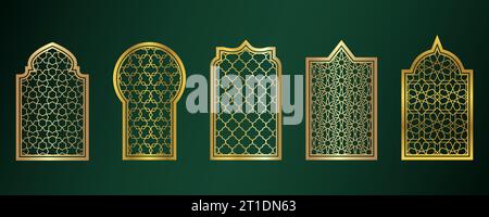 Fenêtres dorées du Ramadan. Cadres de porte islamiques avec ornement. Arche de mosquée arabe sur fond vert. Décoration vectorielle islamique Illustration de Vecteur