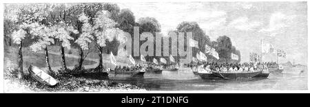 Grand canot réception donnée au prince de Galles sur la rue Lawrence, 1860. Dix canoës... joliment peints et décorés, et chacun habité par douze Indiens de la tribu Iriquois, employés de la Compagnie de la Baie d'Hudson, rencontra le prince [le futur roi Édouard VII] alors qu'il traversait vers l'île Dorval depuis le village de Lachine... son Altesse Royale fut accueillie par dix grands canoës, chacun rempli de douze Indiens fidèles...[qui] commença un chant de bateau, ce qui, comme il flottait au-dessus de l'eau jusqu'au rivage, sonnait excessivement musical... [après le déjeuner], le prince, accompagné du duc de Newcastle Banque D'Images