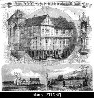 Réunion de la British Archaeological Association à Shrewsbury, 1860. Chaire en pierre de l'abbaye ; maisons Tudor et boutiques ; effigie de Hotspur Battlefield Church ; champ de bataille de Shrewsbury; Haighmond [sic] falaise et château... parmi les célèbres vieilles villes d'Angleterre, peu auraient pu être mieux sélectionnés à des fins d'enquête antiquaire que la capitale bien connue de "'Fair Salopia"&#x2026;la chaire en pierre... est presque la seule partie restante qui nous permet de nous faire une idée de ce lieu autrefois important... [À proximité] se trouve le célèbre champ de bataille de Shrewsbury, où sir John Falstaff se débrouille Banque D'Images