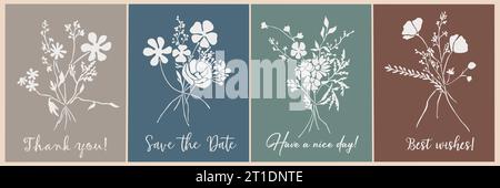 Ensemble de modèles de cartes de voeux avec des fleurs sauvages. Illustration de Vecteur