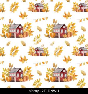 Motifs sans couture peints à la main à l'aquarelle. Adorables maisons d'automne avec des feuilles et des citrouilles Banque D'Images