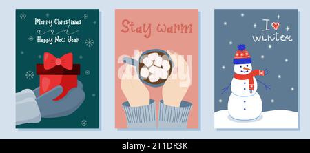 Cartes de vacances d'hiver ensemble avec mains tenant cadeau, tasse avec chocolat chaud, bonhomme de neige. Illustration vectorielle Illustration de Vecteur