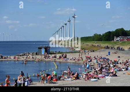 Plage avec éoliennes au phare d'Urk sur l'Ijsselmeer, pays-Bas Banque D'Images