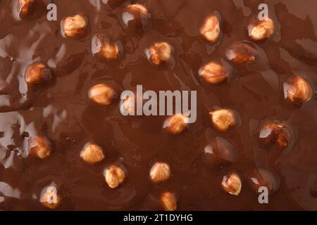 Fond brun avec détail de texture de crème de cacao avec des noisettes, avec des noix pelées sur le dessus. Vue de dessus. Banque D'Images