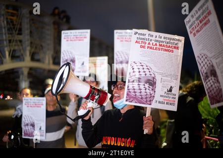 Les partisans de la Palestine se rassemblent devant l'ambassade d'Israël à Bogota, en Colombie, en brandissant des drapeaux et des banderoles palestiniens, le 10 octobre 2023. Banque D'Images