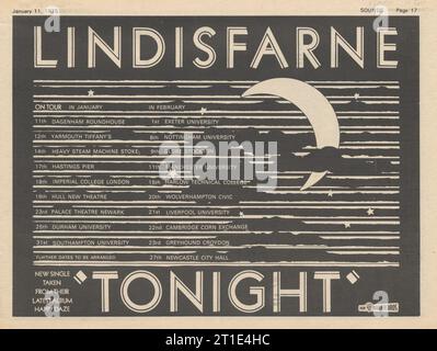 Papier musical Sounds Jan 11 1975. Demi-page de la tournée du groupe de rock Lindisfarne. Mentionne aussi le nouveau single Tonight. Numérisé à partir du papier d'origine. Banque D'Images