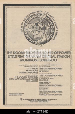 Sounds UK Music Paper Jan 11 1975. Numérisé à partir du papier d'origine. Prix 10p. Publicité pour le Warner Brothers Music Show, pleine page. Doobie Berothers, Tower of Power, Little Feat, Graham Central Station, Montrose, Bonaroo. Spectacles au Manchester Free Trade Hall et au Rainbow Theatre de Londres, janvier Banque D'Images