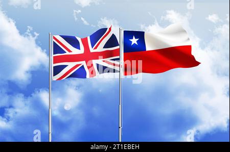 Drapeaux du Royaume-Uni et du Chili ensemble agitant contre le ciel bleu Banque D'Images