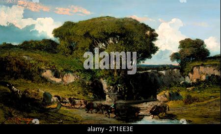 Bergers et taureaux montés dans la campagne romaine, c1860. Banque D'Images