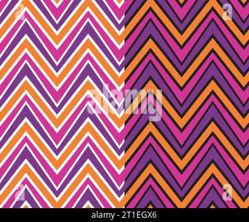 Swatch à motif sans couture à chevron géométrique, style hipster des années 70, forme triangulaire, rayures abstraites en zigzag, palette de couleurs violet lilas orange Illustration de Vecteur