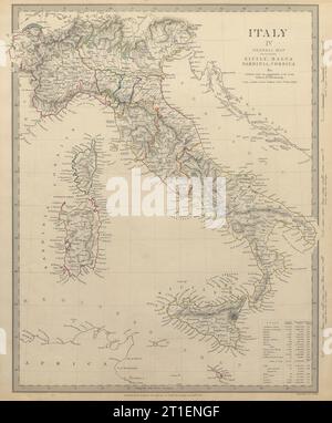 ITALIE carte générale Sicile Sardaigne Corse Malte. Tableau de la population SDUK 1844 Banque D'Images