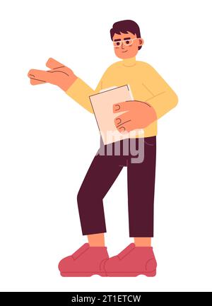 Lunettes homme asiatique lisant des documents 2D personnage de dessin animé Illustration de Vecteur