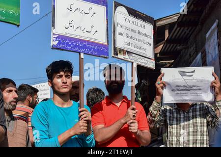 Budgam, Inde. 13 octobre 2023. Les musulmans cachemiris brandissent des pancartes lors d'un rassemblement de protestation en faveur de la Palestine à Budgam, à environ 25 km de Srinagar. Au milieu de la guerre israélienne en cours à Gaza, à la suite des attaques qui ont fait jusqu'à présent plus de 1 300 morts et plus de 3 300 blessés, les habitants de la vallée du Cachemire ont organisé une manifestation en faveur de la Palestine après les prières du vendredi. (Photo Saqib Majeed/SOPA Images/Sipa USA) crédit : SIPA USA/Alamy Live News Banque D'Images