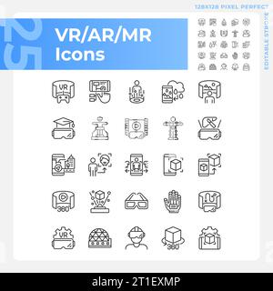 Jeu d'icônes VR, AR et MR noires personnalisables 2D. Illustration de Vecteur