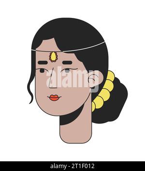 Femme indienne adulte avec tête de personnage de dessin animé linéaire 2D coiffure bun Illustration de Vecteur