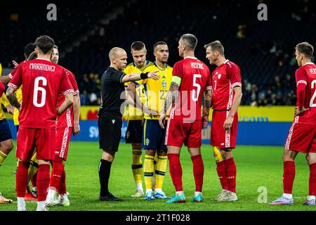 Stockholm, Suède. 12 octobre 2023. Arbitre Antti Munukka vu lors de la rencontre amicale de football entre la Suède et la Moldavie à Friends Arena à Stockholm. (Crédit photo : Gonzales photo/Alamy Live News Banque D'Images