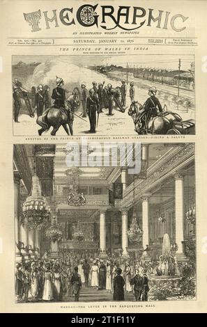 Journal victorien vintage Prince of Wales, plus tard Roi Édouard VII, en Inde, à la gare de Trichinopoly, Madras, salle de banquet, 1876, 19e siècle Banque D'Images