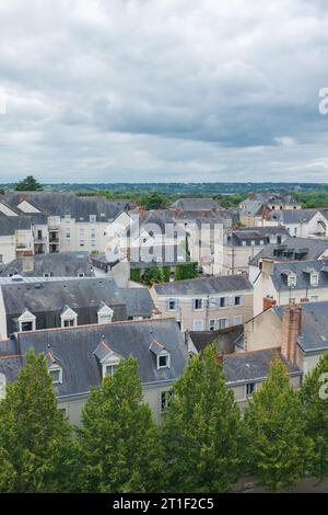 Angers, France, 2023. Vue sur les toits d'ardoise typiques des maisons bordant la rivière Maine vu du Château d'Angers (vertical) Banque D'Images