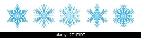Flocons de neige bleus sur fond blanc pour la conception hivernale. Un ensemble de cinq flocons de neige. Illustration de Vecteur