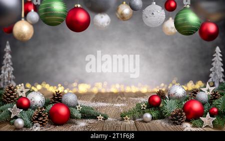 Fond de Noël avec une jolie décoration : ornements disposés sur une surface en bois rustique, lumières bokeh et boules encadrent une texture grise illuminée Wit Banque D'Images