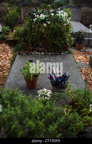 Tombe de la romancière et dramaturge française Marguerite Duras avec pots de stylos Cimetière Montparnasse, Cimetière du Montparnasse, 14e arrondissement Banque D'Images