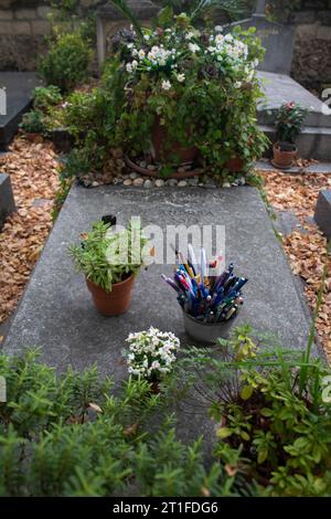 Tombe de la romancière et dramaturge française Marguerite Duras avec pots de stylos Cimetière Montparnasse, Cimetière du Montparnasse, 14e arrondissement Banque D'Images