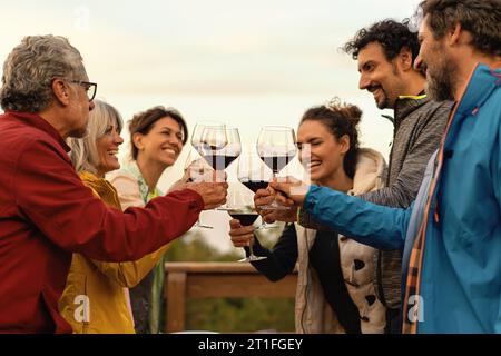 Des amis d'âges variés partagent un moment de joie, levant leurs verres dans un toast. Le soleil couchant et leurs sourires soulignent un atmos chaleureux et convivial Banque D'Images