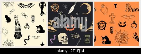 Ensemble de motifs sans couture avec des éléments d'Halloween. Illustration de Vecteur