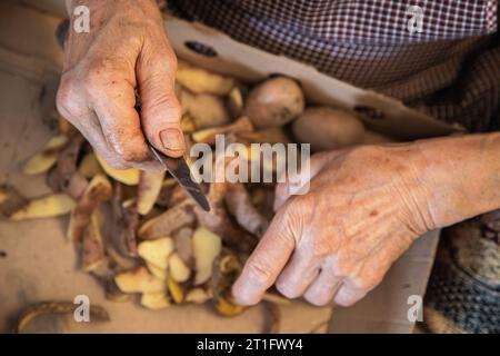 Les mains d'une femme âgée faisant des travaux domestiques de pelage des pommes de terre. Mains âgées avec problèmes articulaires, arthrose. Banque D'Images