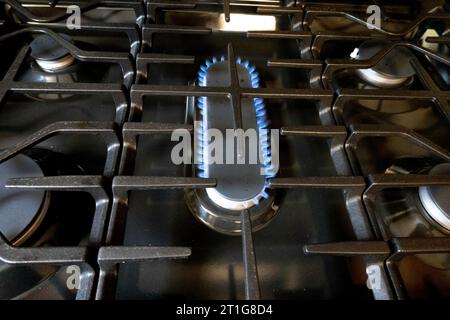 Brûleurs à gaz sur une cuisinière résidentielle, 2023, États-Unis Banque D'Images