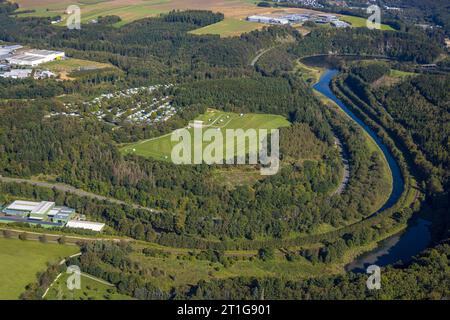 Luftbild, Campingplatz Hof Biggen, Bigge Ahauser Stausee und Paterbecken, Attendorn, Sauerland, Nordrhein-Westfalen, Deutschland ACHTUNGxMINDESTHONORARx60xEURO *** vue aérienne, camping Hof Biggen, Bigge Ahauser Stausee et Paterbecken, Attendorn, Sauerland, Sauerland, SauerMINESTIONOXORN Allemagne crédit en direct MINATNOxTHIONORAXINORAXIONORAXIONO Allemagne Banque D'Images