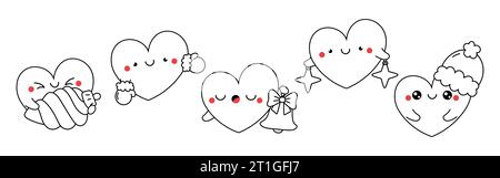 Collection de Vector Christmas Heart Outline. Ensemble de pages de coloriage de caractères de Noël isolées Illustration de Vecteur