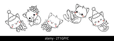 Ensemble de page de coloriage de chat de Noël Kawaii. Collection de mignon Vector Christmas Kitten Outline Illustration de Vecteur