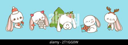 Ensemble d'illustrations vectorielles de lièvre de Noël. Collection de Kawaii Christmas Bunny Art pour autocollants. Illustration de Vecteur