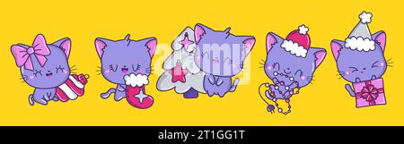 Ensemble d'illustrations Vector Christmas Cat. Collection de Kawaii Christmas PET Art pour autocollants. Illustration de Vecteur