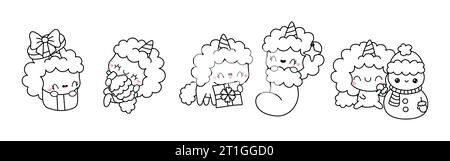 Ensemble de page de coloriage de licorne de Noël Kawaii. Collection de mignon Vector Christmas Animal Outline Illustration de Vecteur