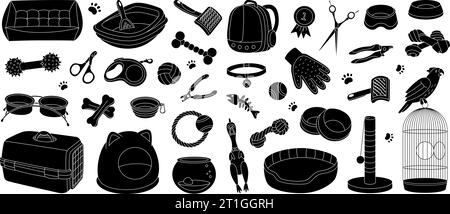 Kit de fournitures pour animaux de compagnie. Assortiments de fournitures pour animaux de compagnie. Oreiller de couchage, jouets de balle, médaille, ciseaux, coupe-ongles, brosse, enlèvement de fourrure, aquarium, porte-sac à dos Illustration de Vecteur