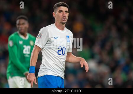 Dublin, République d'Irlande. 13 octobre 2023. Petros Mantalos, de Grèce, lors du match du groupe B du Championnat d'Europe de l'UEFA 2024 entre la République d'Irlande et la Grèce au Aviva Stadium à Dublin, Irlande, le 13 octobre 2023 (photo par Andrew SURMA/ crédit : SIPA USA/Alamy Live News Banque D'Images