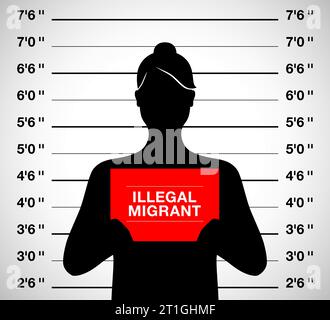 Femme migrante illégale debout sur un fond de prise de vue photo mugshot, illustration vectorielle. Illustration de Vecteur