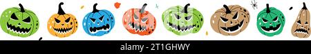 Citrouilles avec des visages effrayants fixés. Visages de citrouilles d'halloween d'automne. Légumes d'halloween d'automne. Illustration vectorielle. Illustration de Vecteur