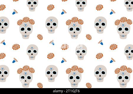 Modèle abstrait vectoriel de Sugar Skulls et fleurs. Jour des morts. Dia de los muertos. Mexique. Isoler. EPS. Conception pour emballage, papier peint, affiche, bannière, salutation ou invitation, étiquette de prix, étiquette Illustration de Vecteur