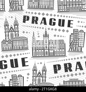 Vector Prague Seamless Pattern, fond répétitif carré avec illustration du célèbre paysage de la ville européenne de prague sur fond blanc, monochrome gris Illustration de Vecteur