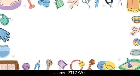 Fournitures pour animaux en bannière horizontale. Fournitures pour jouets pour animaux de compagnie. Jouet à mâcher, médaille, ciseaux, coupe-ongles, brosse, enlèvement de fourrure, aquarium, porte-sac à dos Illustration de Vecteur