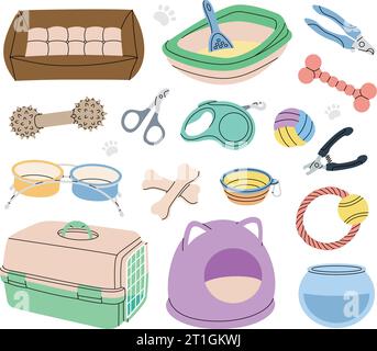Collecte de fournitures pour animaux. Oreiller sommeil, boîte à litière pour chat avec pelle, mallette de transport, cage, boîte pour animaux, aquarium, jouets à mâcher, bols. Illustration de Vecteur