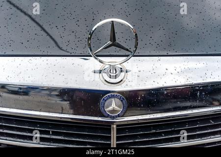 WETTENBERG, HESSE, ALLEMAGNE - 07 - 28 - 2023 : Star MERCEDES BENZ classique sur une Mercedes vintage à un salon de l'auto à Krofdorf-Gleiberg, près de Giessen dans Hess Banque D'Images