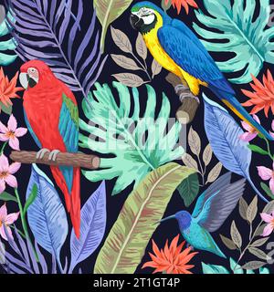 Motif tropical coloré sans couture avec des oiseaux exotiques et des fleurs. Illustration vectorielle. Illustration de Vecteur